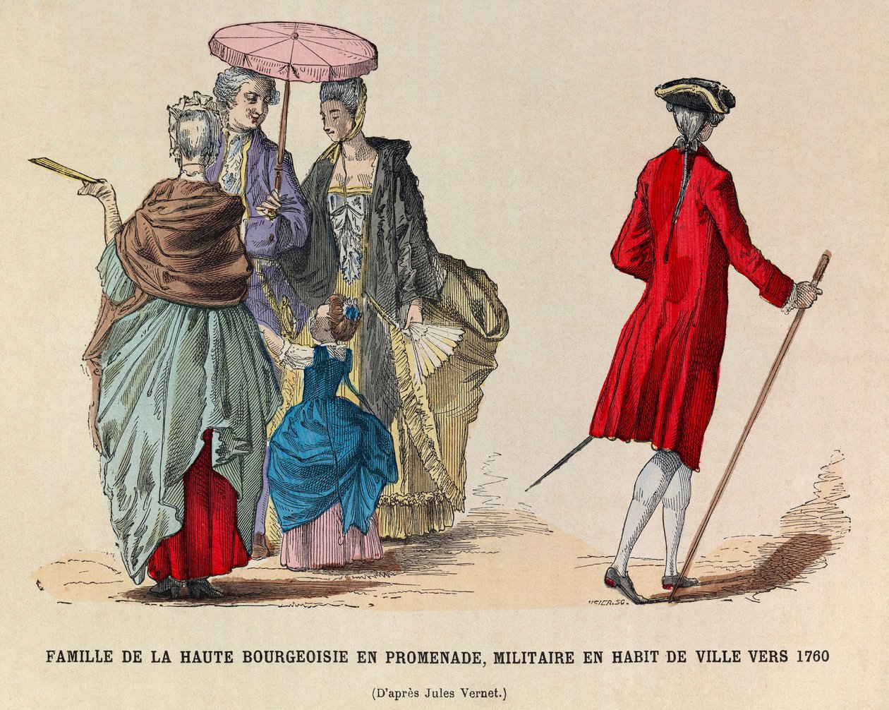 En familie av det høye borgerskapet som går og en soldat i bykjole i 1760 (regne av kong Louis XV) - privat samling av Anonymous Anonymous