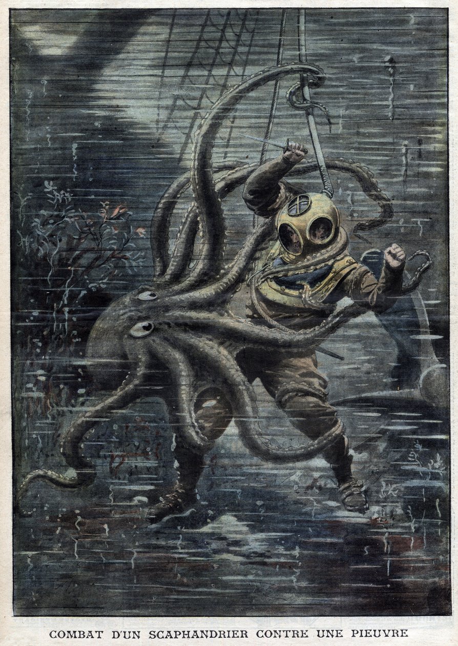 En enorm blekksprut lykkes nesten i å overvinne den amerikanske dykkeren Martin Lund - En gigantisk blekksprut angriper den amerikanske dykkeren Martin Lund - Battle of a Scaphandrier Against an Octopus - "" The Petity Journal" av Anonymous Anonymous
