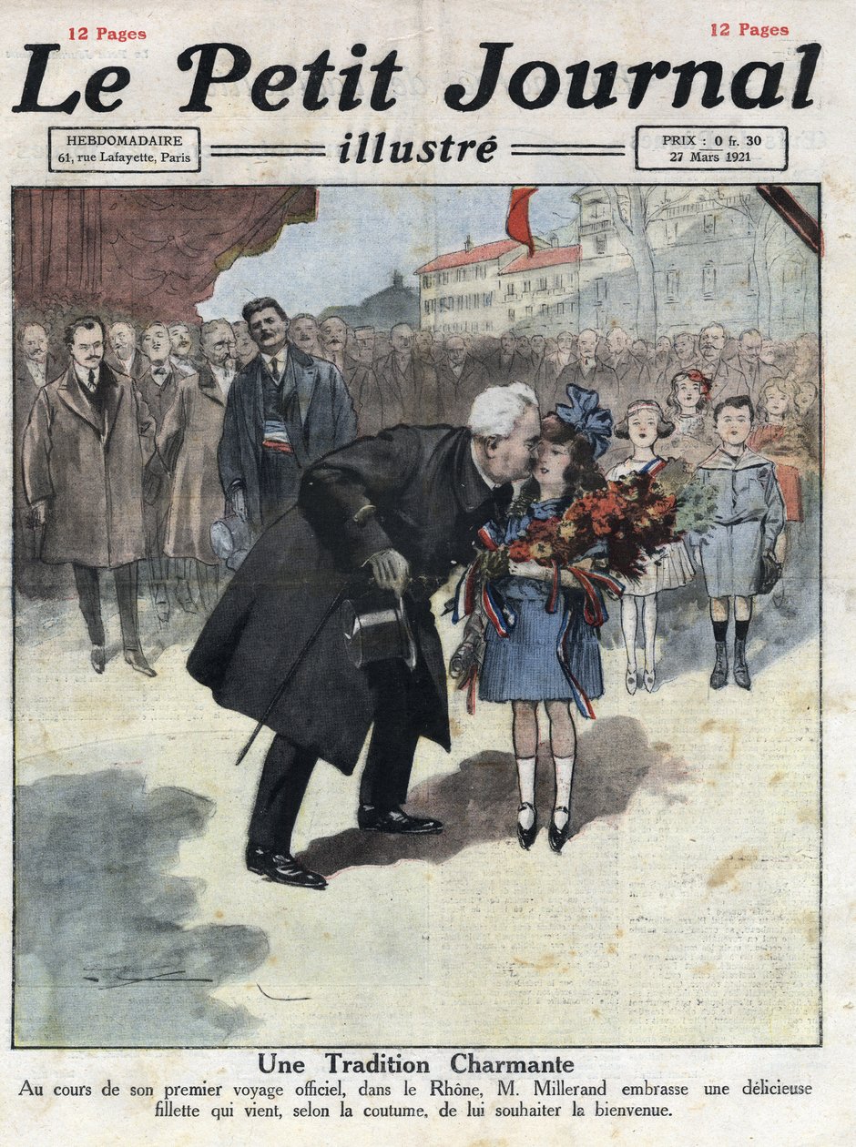 En liten jente tilbyr en bukett i trefarger til republikkens president Alexandre Millerand under en av hennes forflytninger i Rhone. Illustrasjon hentet fra "" Le petit journal"" fra 27.03.1921. Privat samling av Anonymous Anonymous