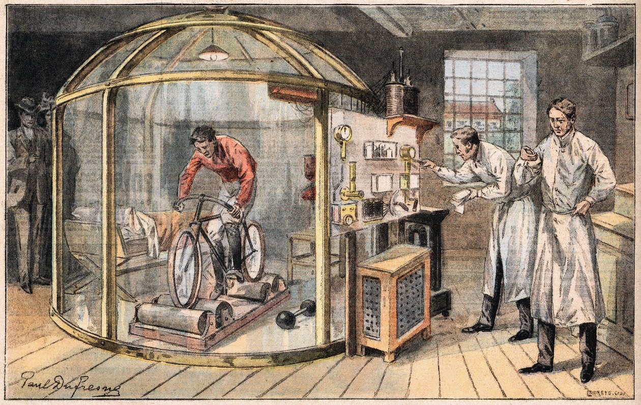 A man in a bell: experience on the expenditure of human energy carried out by English scientists. Engraving from the newspaper “” Le Peute Parisien””, on 24/05/1908. Private collection. av Anonymous Anonymous