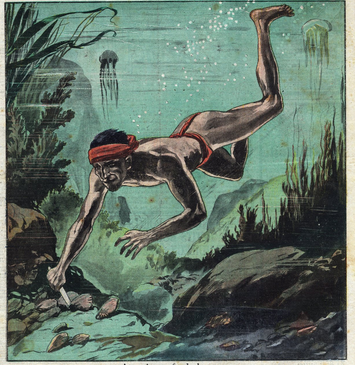 En perleforsker som risikerer livet i det tropiske hav i Ceylon og Polynesia for å forsyne elegante kjeder og smykker. Illustrasjon hentet fra "" Le Petite Journal"" 11/03/1923 Privat samling. av Anonymous Anonymous