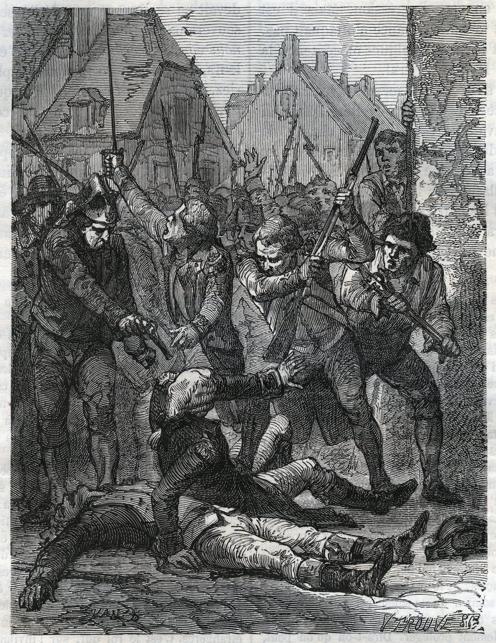 En scene i perioden med den franske revolusjonen: Theobald de Dillon (1745-1792) og en genieoffiser ved navn Berthois, ble massakrert av soldatene og folket i Lille, som anklaget dem for forræderi. Gravering fra 1866 i «Histoire de la Revolution fr av Anonymous Anonymous