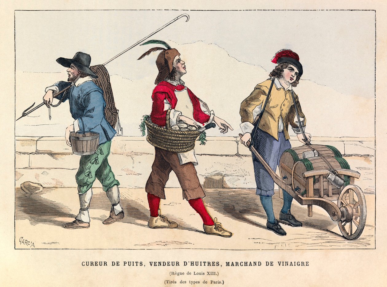 En brønnskytter, en østersselger og en eddikhandler i Paris under kong Ludvig XIIIs (1601-1643) regjeringstid - Brønnrenser, østersselger og eddikselger, Ludvig XIII av Frankrikes regjeringstid av Anonymous Anonymous