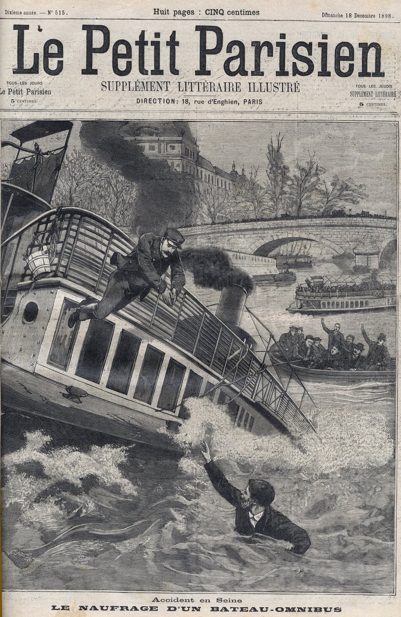 Ulykke i Seinen i Paris - Senkingen av en Omnibus-båt: mannskapet på båten hopper inn i Seinen for å rømme. Le Petit Parisien, 18.12.1898. av Anonymous Anonymous