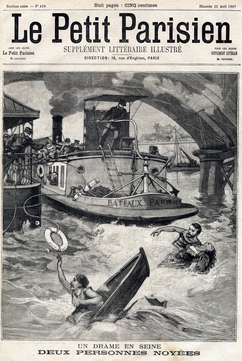 Ulykke i Seinen: to personer i en druknet båt. I "" Le Petit Parisien"" den 25.04.1897. av Anonymous Anonymous