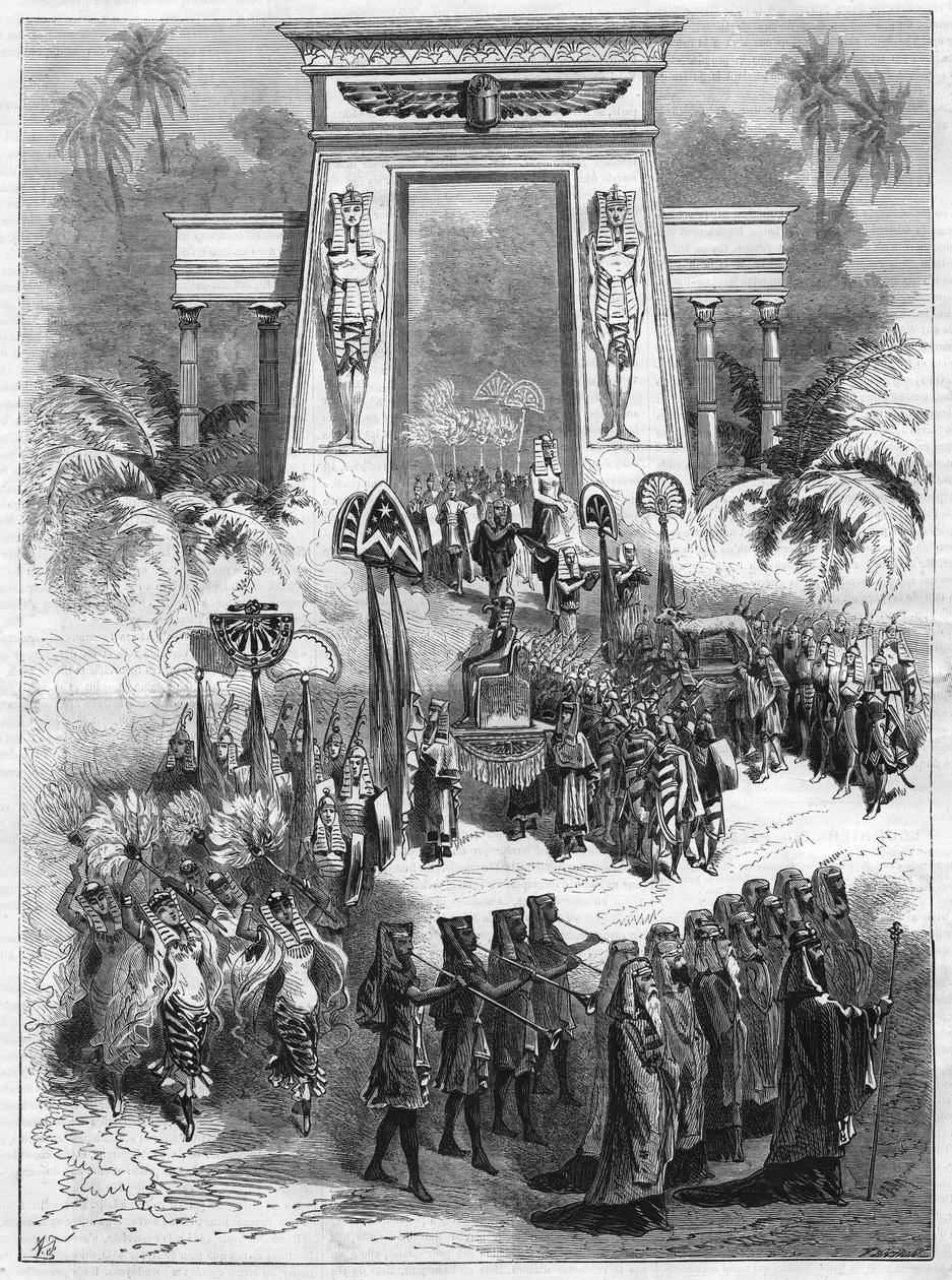 Akt II av stykket, Aida. Storslått opera i fire akter og syv malerier av Giuseppe Verdi (1813-1901) spiller på det italienske teatret i Paris. Gravering i "" L
