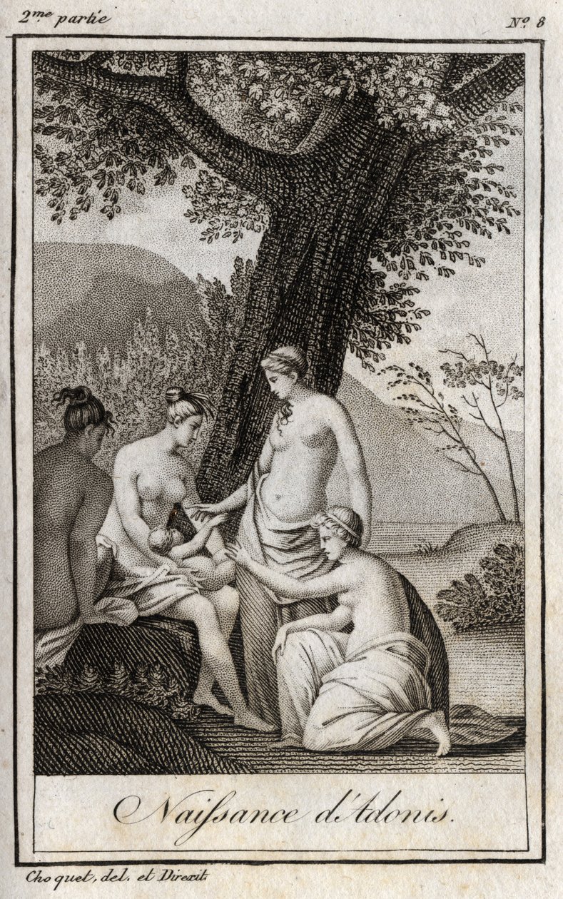 Adonis er født. Gravering fra 1819 i «Lettres a Emilie sur la mythologie» av Charles Albert Demoustier (1760-1801). Privat samling. av Anonymous Anonymous