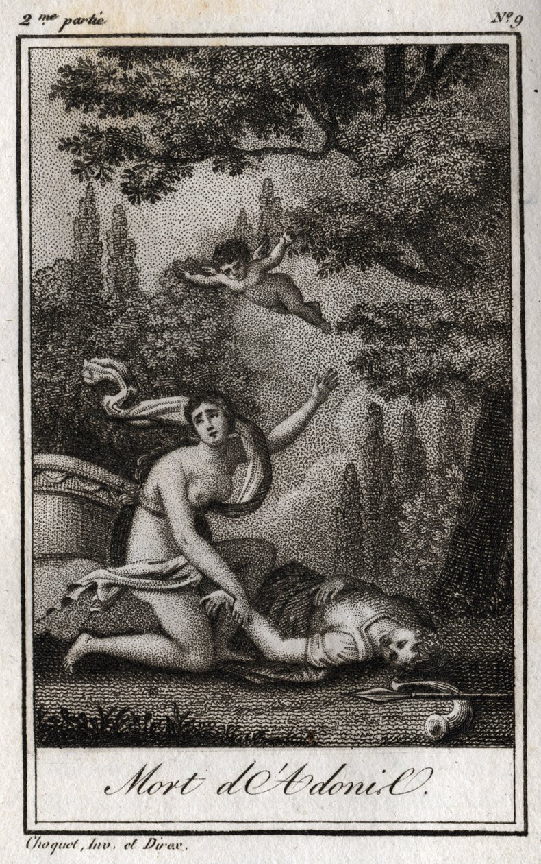 Adonis død. Gravering fra 1819 i «Lettres a Emilie sur la mythologie» av Charles Albert Demoustier (1760-1801). Privat samling. av Anonymous Anonymous