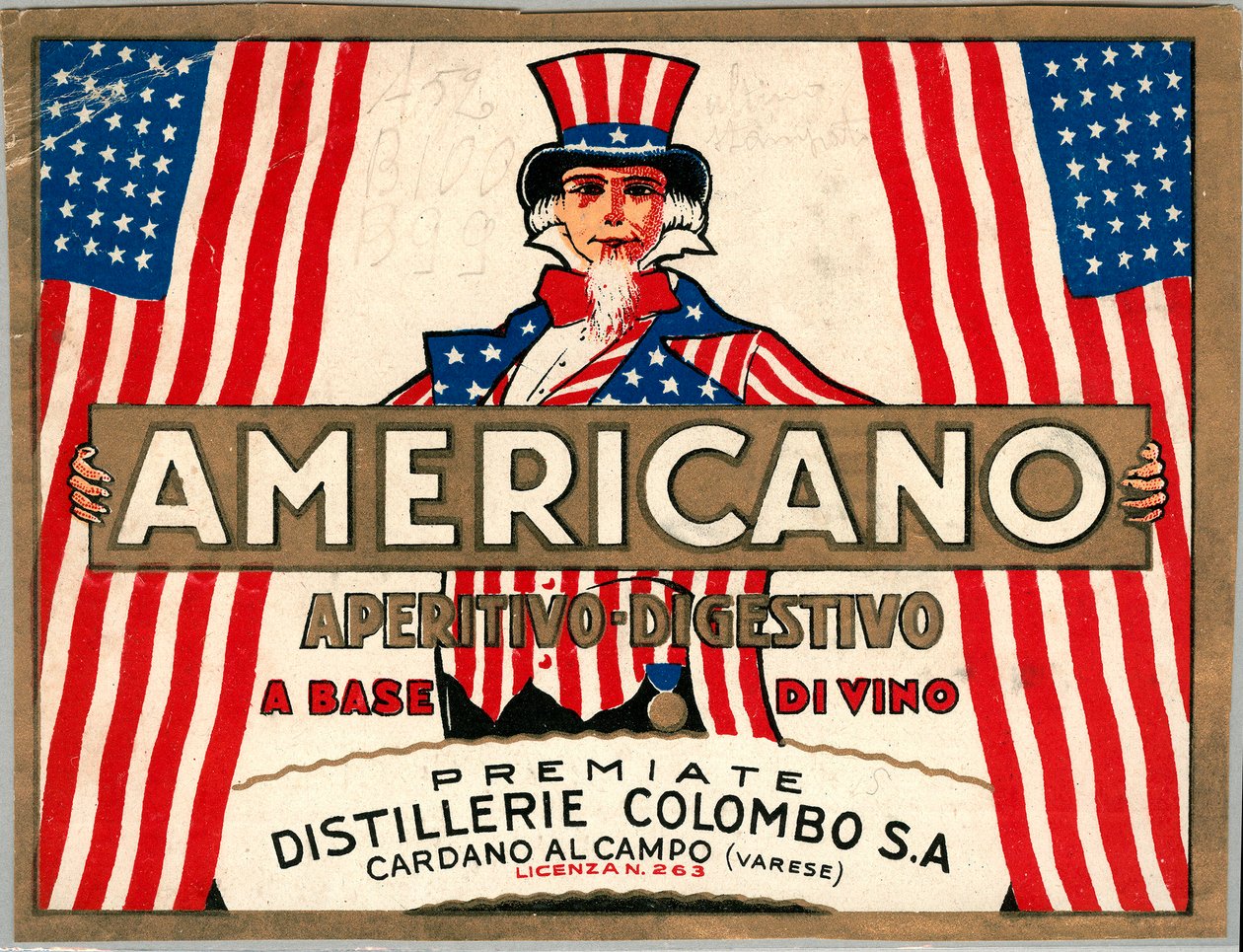 Annonse for italiensk short drink Americano, med allegorisk personifisering av America Uncle Sam av Anonymous Anonymous
