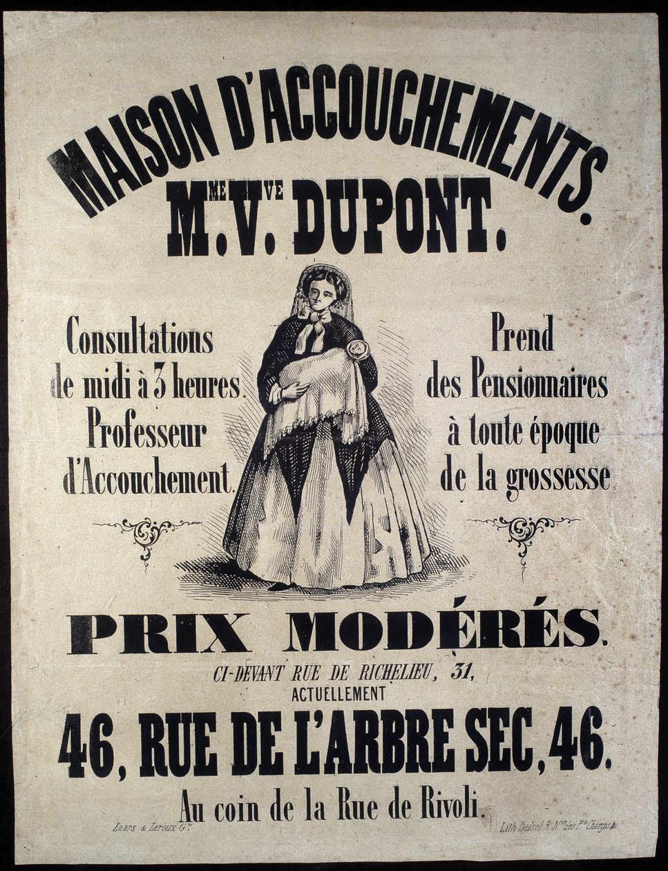 Annonsering for et fødehjem (barsel) i Paris i 1850. Madame Dupont, lave priser på 46 rue de l