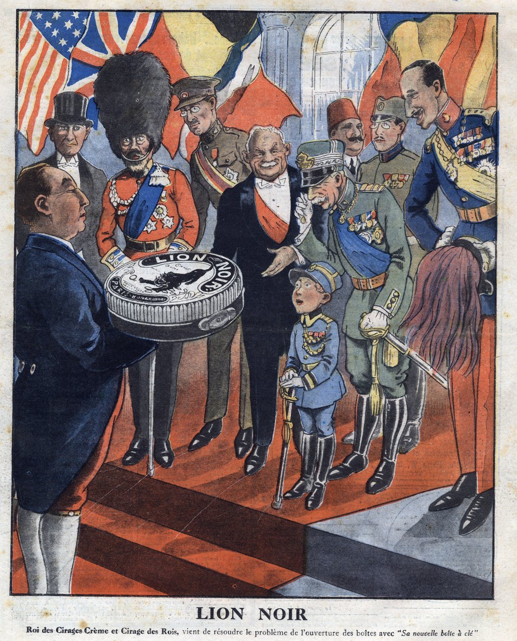 Advertising for the polishing “” Black Lion””, the “King of Shine Creme and Shine of Kings, has just solved the problem of opening boxes with “” His new key box””. From left to right we can see: US President Calvin Coolidge (1872-1933), King George V (1865 av Anonymous Anonymous