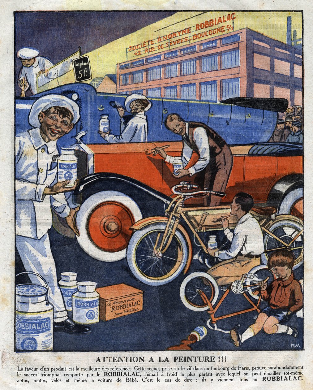 Advertising illustration for paintings Robbialac suitable for all uses (car, car, motorcycle, bike). Illustration from “” Le petit journal”” 22/02/1925 Collection privee av Anonymous Anonymous