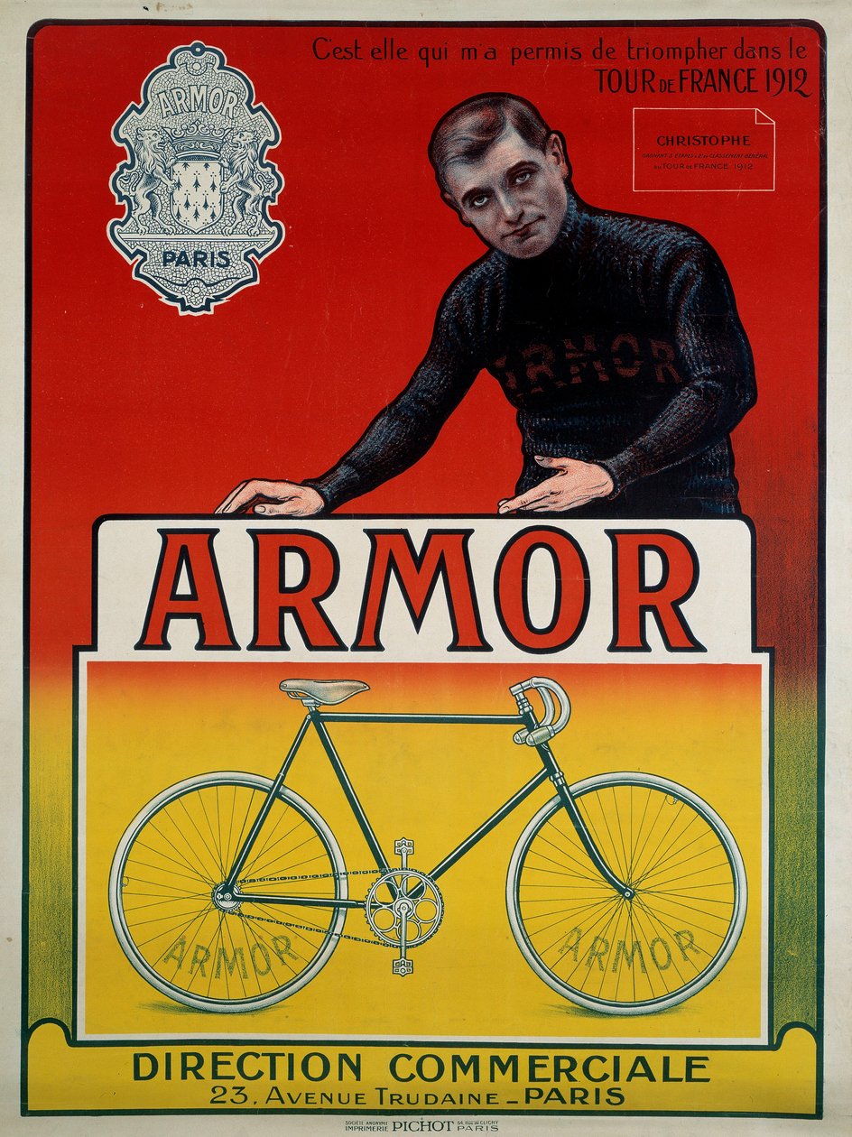 Reklameplakat for sykkelen "" Armor"" med syklisten Eugene Christophe (1885-1970), vinner av 3 etapper og 2. av den generelle klassifiseringen av Tour de France i 1912: "" Det er hun som lot meg triumfere i Tour de France fra 1912, sd 20. århundre av Anonymous Anonymous