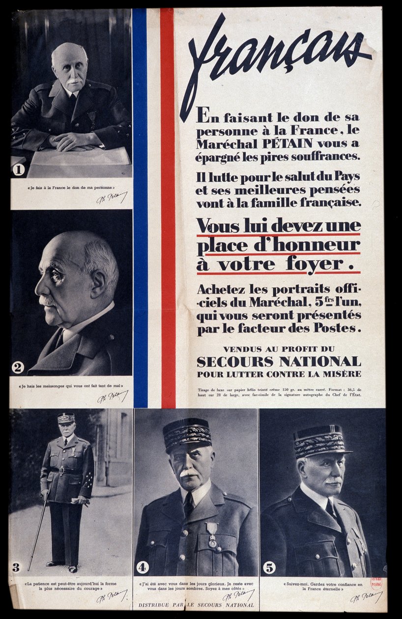 Advertising poster for the sale of portraits of Marshal Philippe Petain during the Second World War and praising Petain (sold for the benefit of national relief to combat poverty) av Anonymous Anonymous