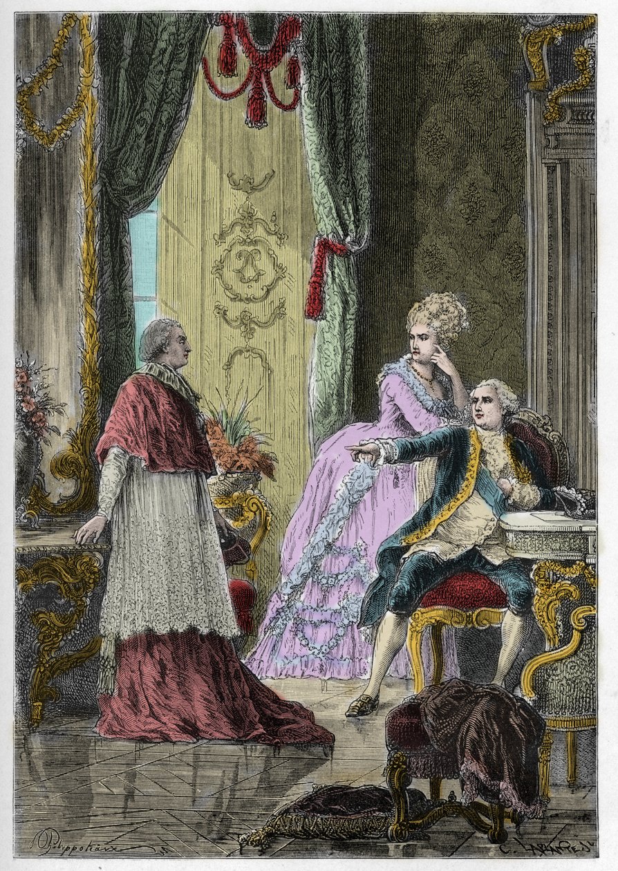 Affair of the Queen's Necklace (1785-1786): Kardinal Louis Rene Edouard de Rohan (1734-1803) før kong Louis XVI (1754-1793) og dronning Marie Antoinette (1755-1793) av Anonymous Anonymous