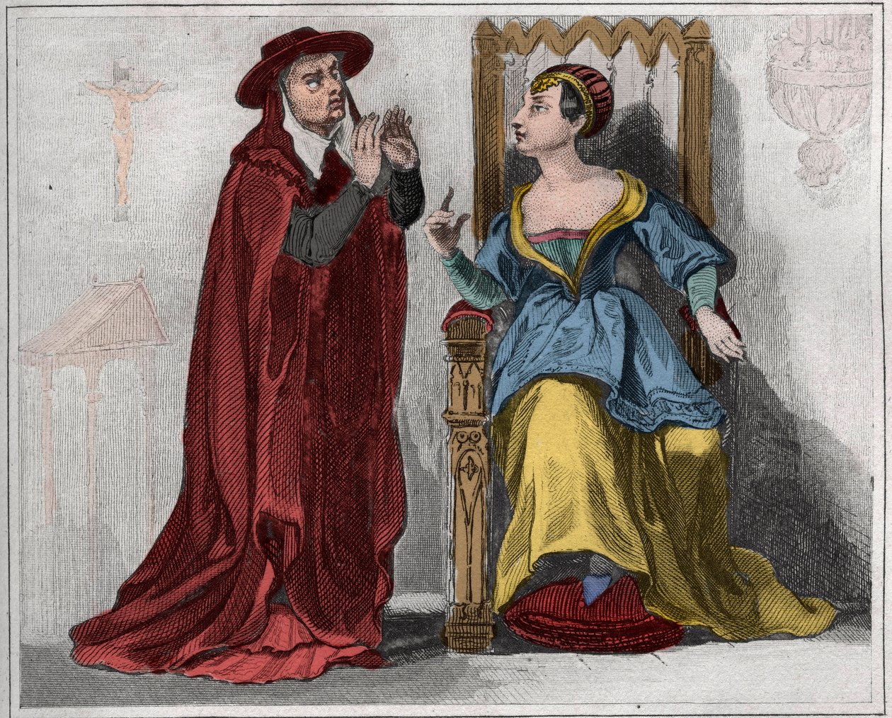 Agnes Sorel (1422-1450) (Lady of Beaute sur Marne) (Beaute-sur-Marne) med en kardinal. Gravering fra 1859 i “” Le Monde. Alle folkeslags historie fra de fjerneste tider til i dag». av ME de Lostalot-Bachoue (Lostalot Bachoue). . av Anonymous Anonymous