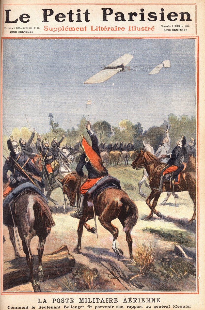 Air military post: how Lieutenant Georges Bellenger (1878-1977) sent his report to General Meunier, Une du journal “Le petit parisien” on 2/10/1910 (engraving) av Anonymous Anonymous