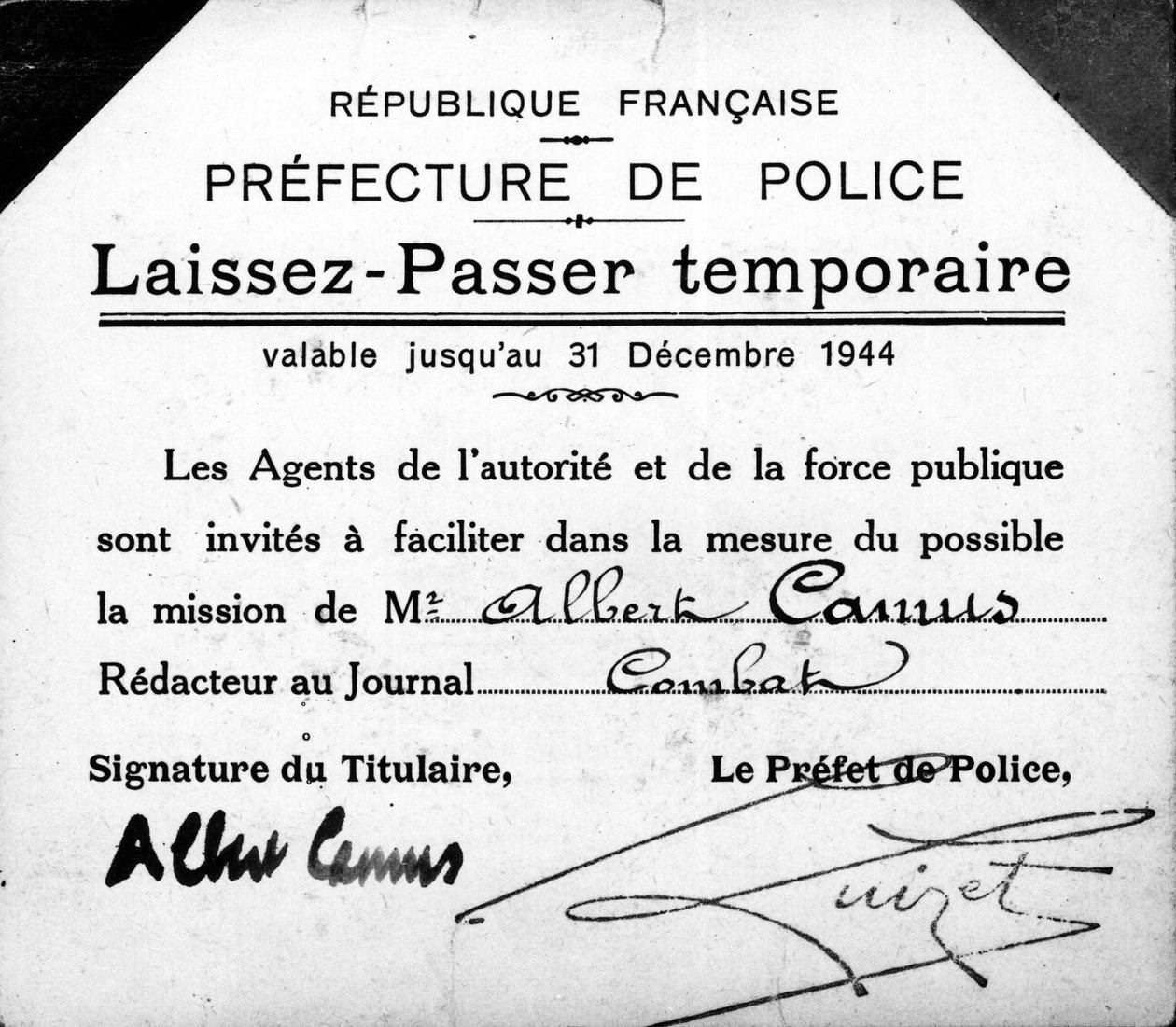 Albert Camus midlertidige pass, gyldig til 31. desember av Anonymous Anonymous