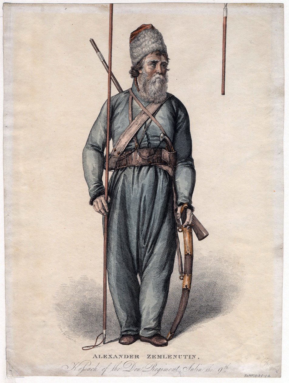 Alexander Zemlyanukhin, kosakk fra Don-regimentet - Anonym - ca 1813 - Etsning, akvarell - 34,3x25,3 - Privat samling av Anonymous Anonymous