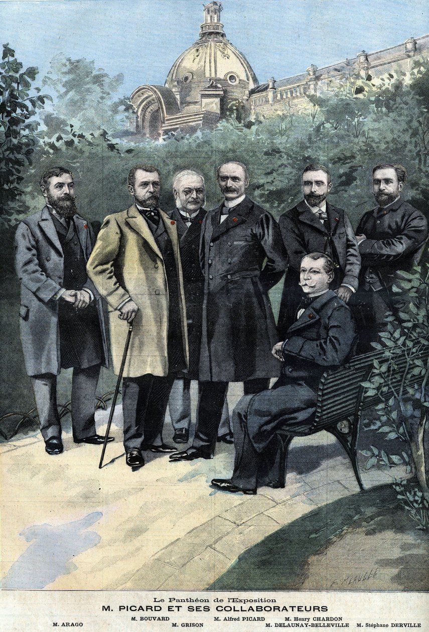 Alfred Picard, generalkurator for utstillingen fra 1900, sammen med sine samarbeidspartnere Delaunay Belleville, Stéphane Derville, Bouvard, Grison og Francois Arago av Anonymous Anonymous