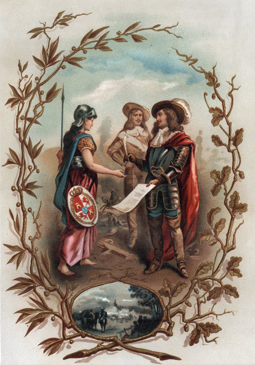 Allegori knyttet til Aachen-traktaten. Han ble undertegnet 2. mai 1668 mellom Frankrike og Spania, og avsluttet devolusjonskrigen og ga Flandern til Frankrike. Kromolitografi i "" Turenne; sa vie, les institutions militaires de son temps"" (1884) av Jules  av Anonymous Anonymous