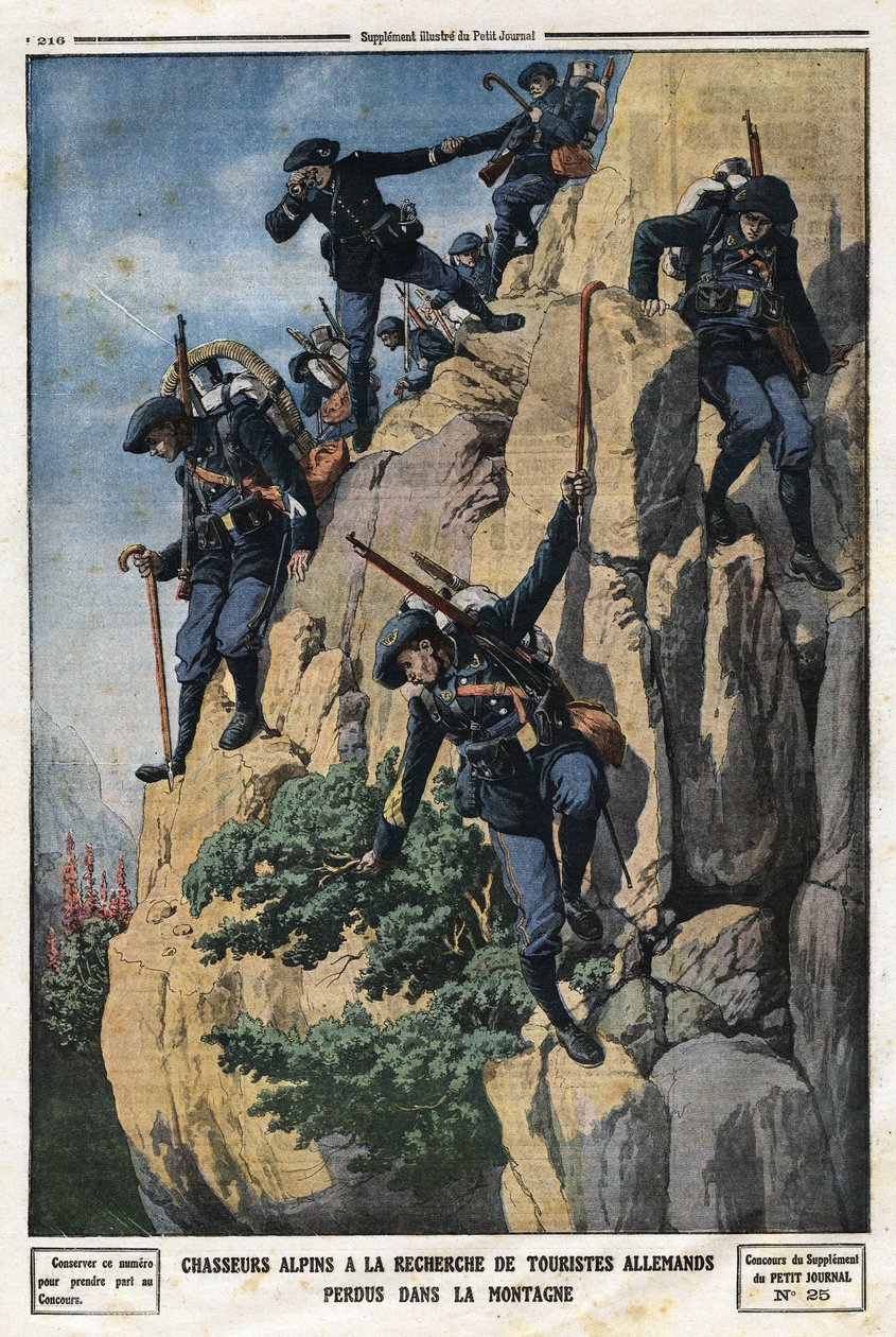 Alpejegere på jakt etter tapte tyske turister. De ønsket å gå til fjellet Nero (Helmet du Nero) i Chartreuse-massivet. Gravering i "" Le Petite Journal"", 7.07.1912. Privat samling. av Anonymous Anonymous