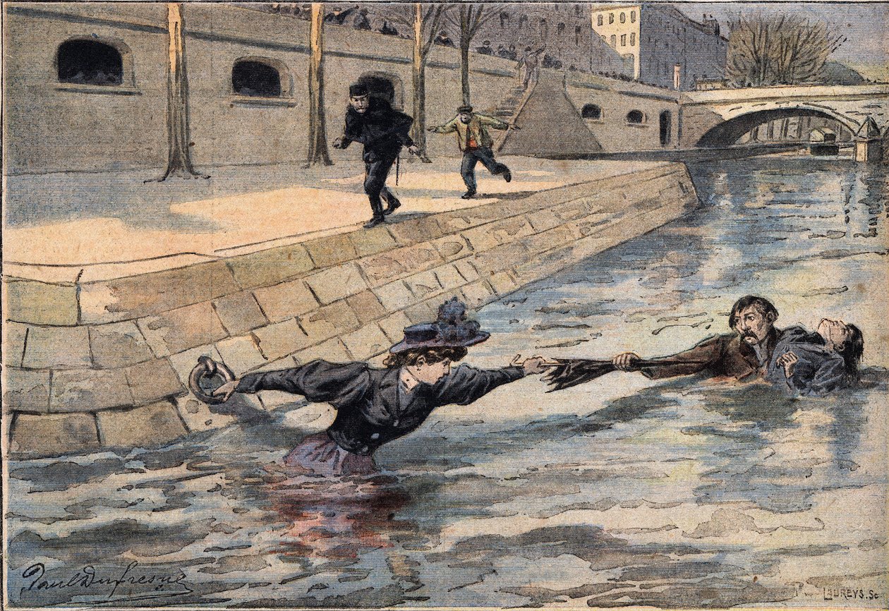 En genial redning: nær broen til Den hellige far, blir en kvinne som har falt ut i noten, reddet av en mann som hjalp en annen kvinne. Gravering fra avisen "" Le Petite Parisien "", 8/03/1908. Privat samling. av Anonymous Anonymous