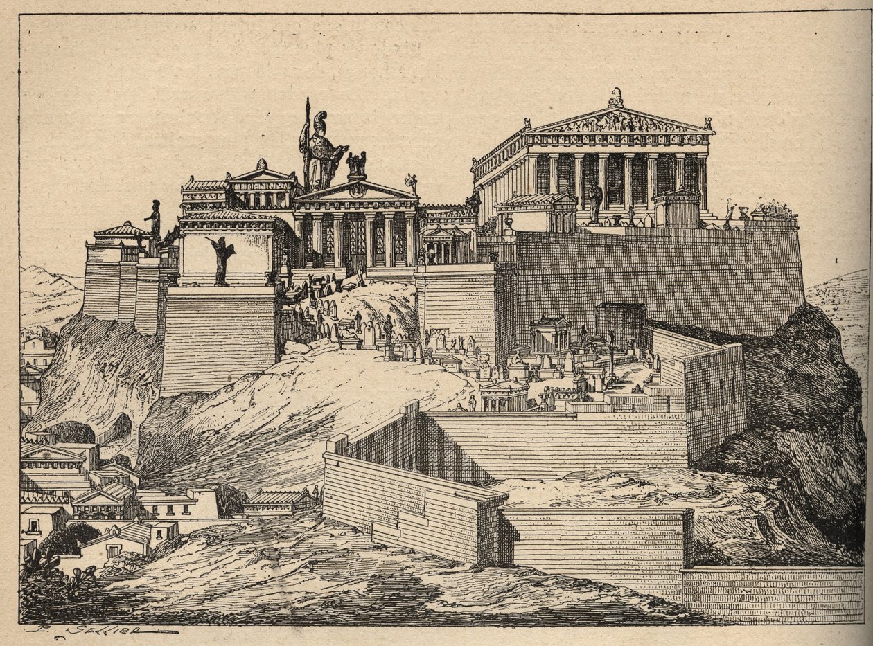 Antikkens Hellas: Parthenon, Athenas tempel, på høyden til Akropolis i Athen (Ancient Hellas: Athen, Akropolis - Parthenon - gravering 1890 av Anonymous Anonymous