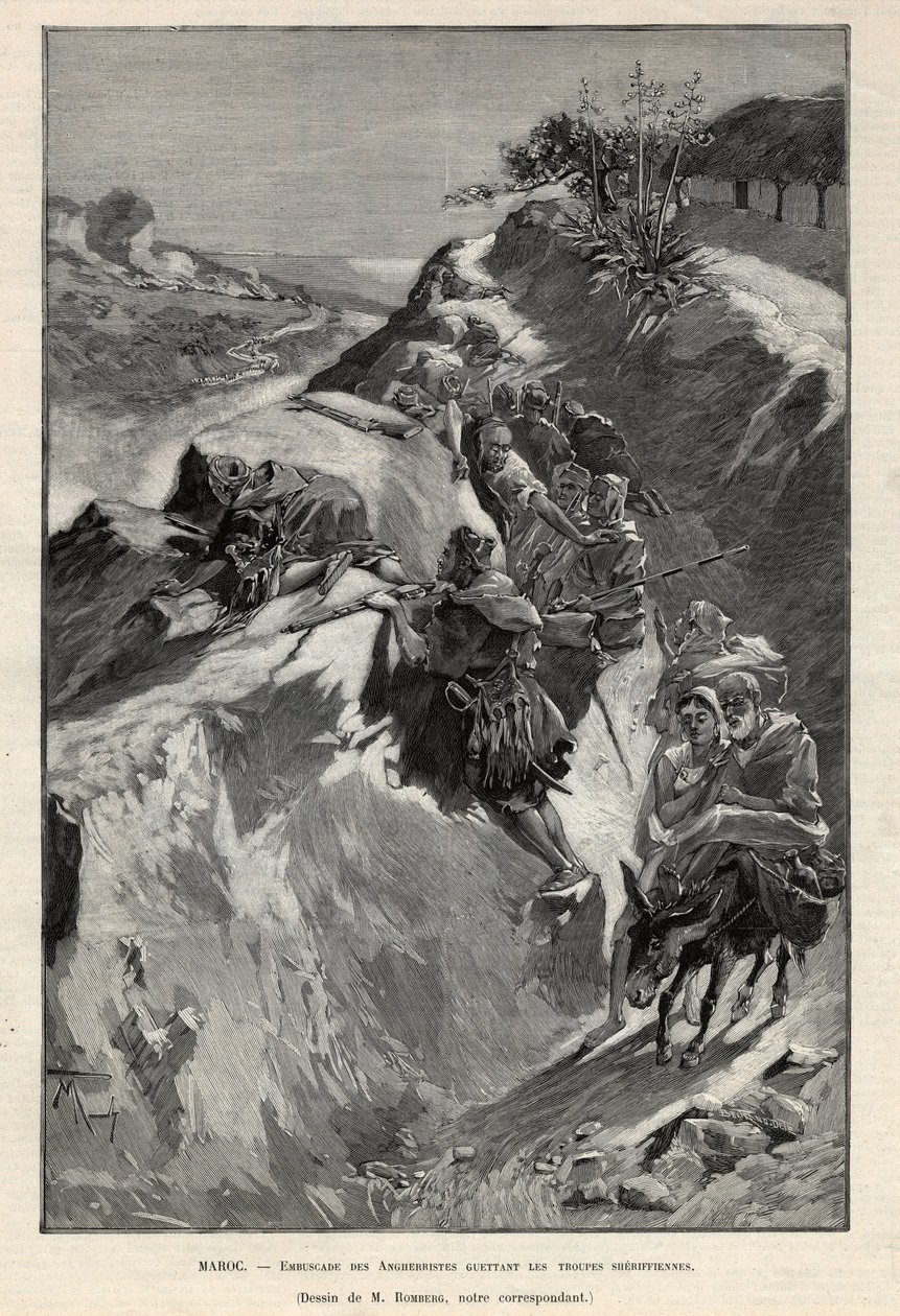 Andjera-fjellopprøret i Marokko: bakhold av Angherrister som venter på sheriff-tropper. Gravering i “Le monde illustree”” fra 1892. Privat samling. av Anonymous Anonymous
