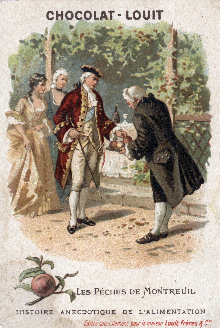 Anekdotisk mathistorie: Montreuils fiske. De som er representert her er i virkeligheten Espalier-fisket i Bagnolet. Kongen av Frankrike Louis XV kommer med hoffet sitt for å spise ferskenene dyrket av Monsieur Edmee de Girardot. Sjokolade-Louit chromol av Anonymous Anonymous