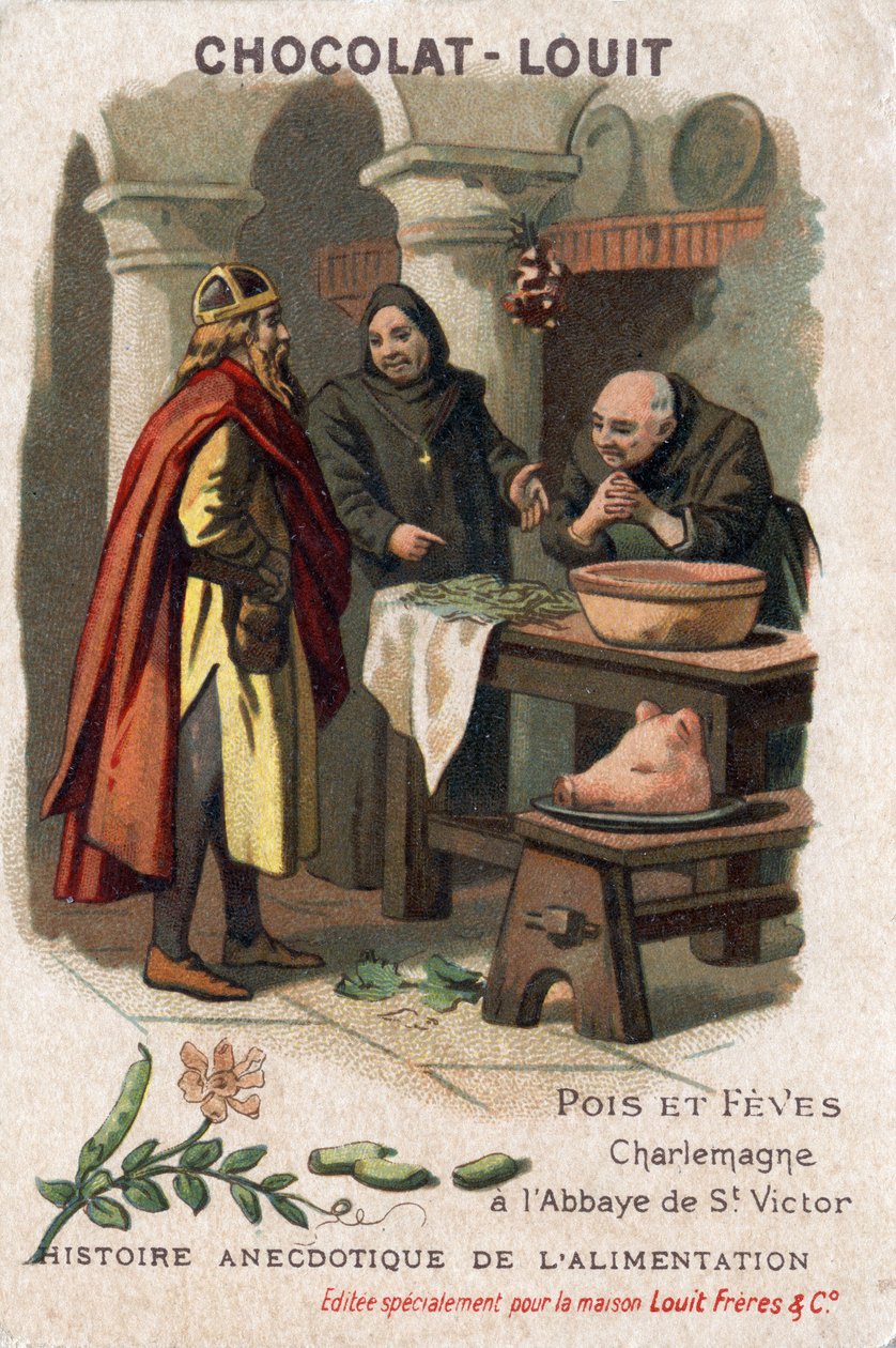Anekdotisk historie om mat: erter og feber. Charlemagne (Charles I, kjent som Charles the Great, 742-814) ber om oppskriften fra munkene i klosteret Saint Victor som tilberedte erter på en bemerkelsesverdig måte. Chocolate-Louit kromolitografi, sent på 180 av Anonymous Anonymous