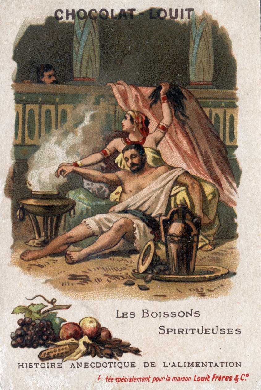Anekdotisk historie om mat: brennevin (fermenterte drikker). Samson, under påvirkning av Dalilas likører, lar seg klippe håret og mister kreftene. Chocolate-Louit kromolitografi, slutten av 1800-tallet. Privat samling. av Anonymous Anonymous
