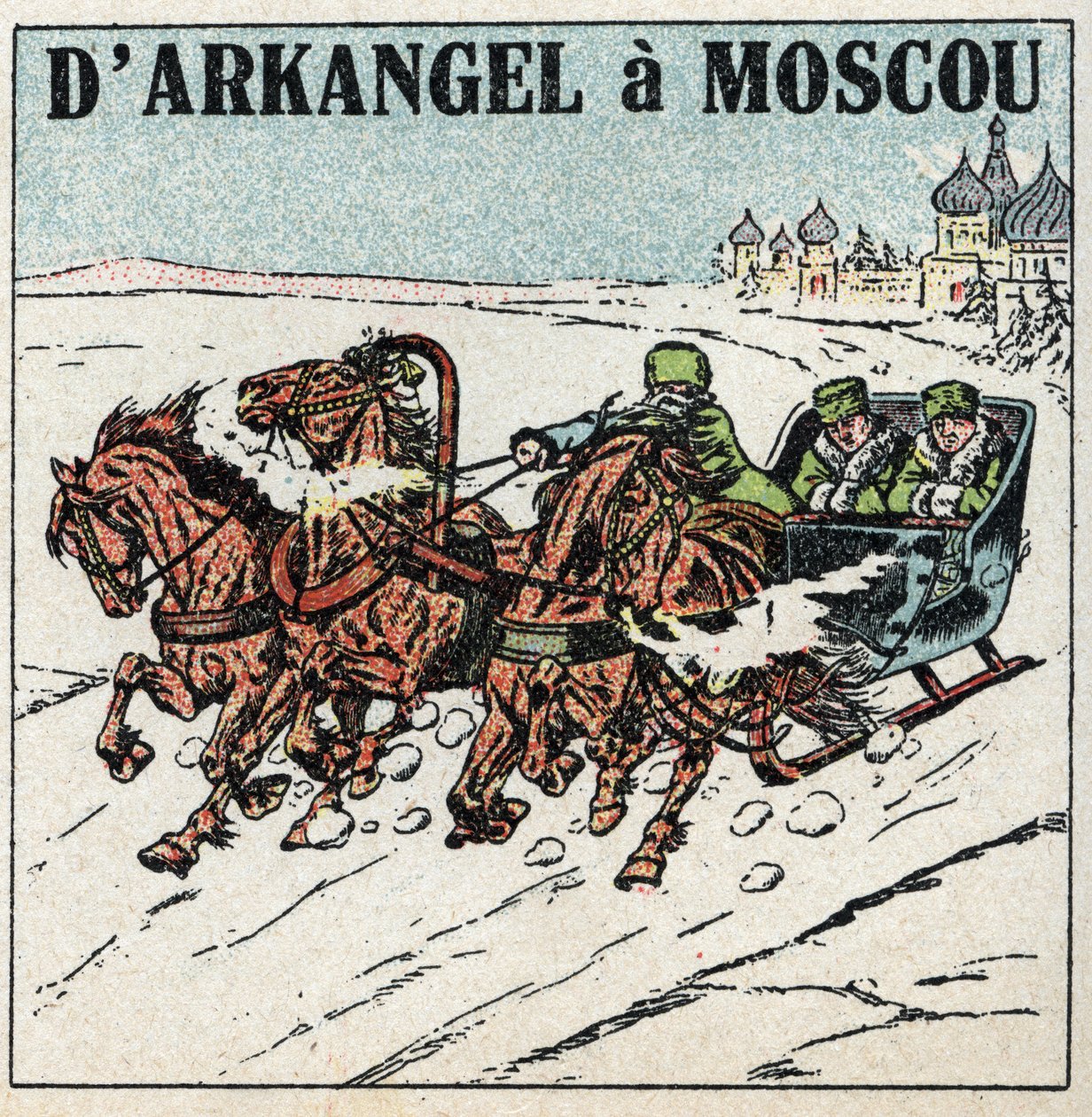Dyretrekking: fra Arkangel til Moskva. En troika i Russland. Anonym illustrasjon fra 1925. Privat samling. av Anonymous Anonymous