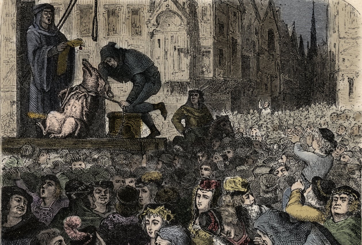 Dyreforsøk - Les proces d' Animaux au Moyen Age - Execution de la soy infanticide de Cliaise - Dyreforsøk i middelalderen - Henrettelse av barnemordpurka av Falaise - gravering fra "" L'homme et la bete" av Arthur Mangin - 1872 - av Anonymous Anonymous