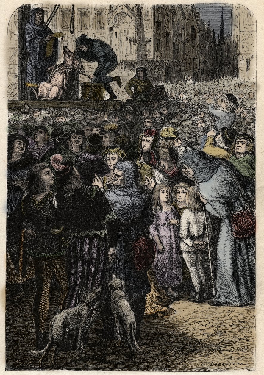 Dyreforsøk - Les proces d' Animaux au Moyen Age - Execution de la soy infanticide de Cliaise - Dyreforsøk i middelalderen - Henrettelse av barnemordpurka av Falaise - gravering fra "" L'homme et la bete" av Arthur Mangin - 1872 - av Anonymous Anonymous