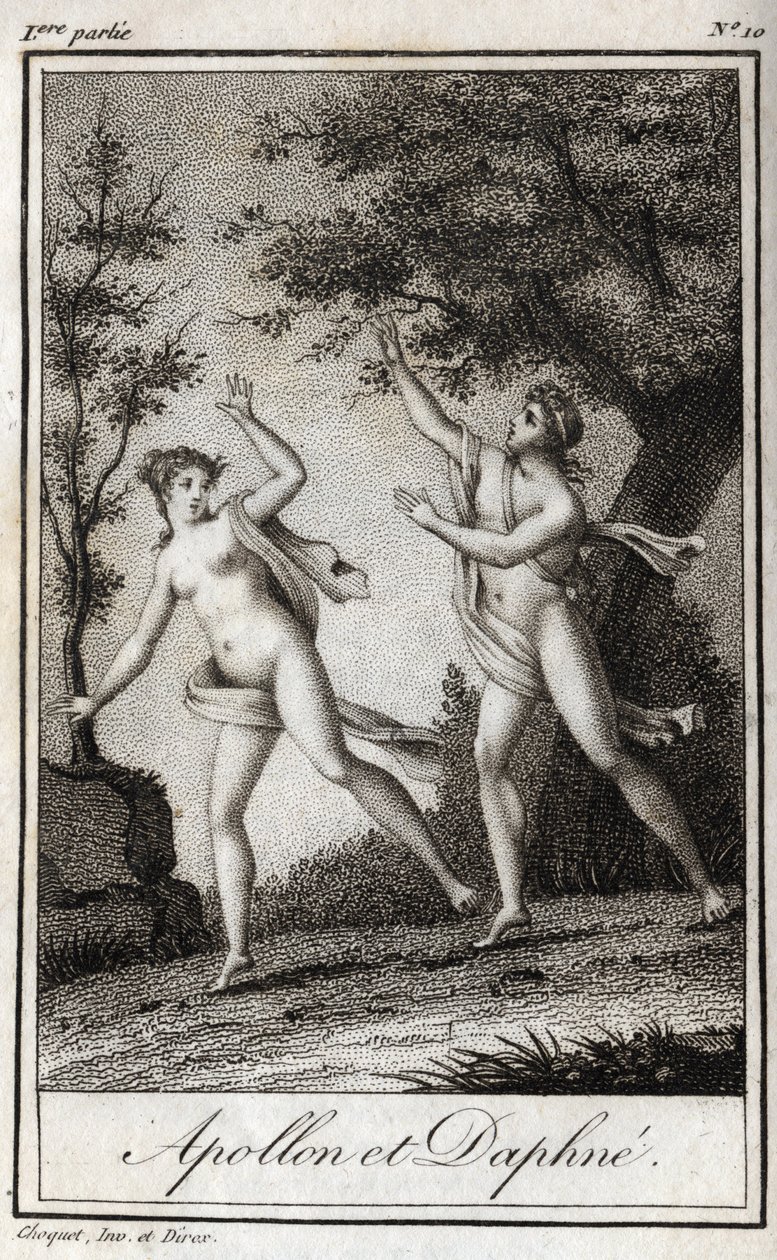 Apollo and Daphne. The nymph Daphne turns into a laurel to escape Apollo. Engraving from 1819 in “Lettres a Emilie sur la mythologie” by Charles Albert Demoustier (1760-1801). Private collection. av Anonymous Anonymous