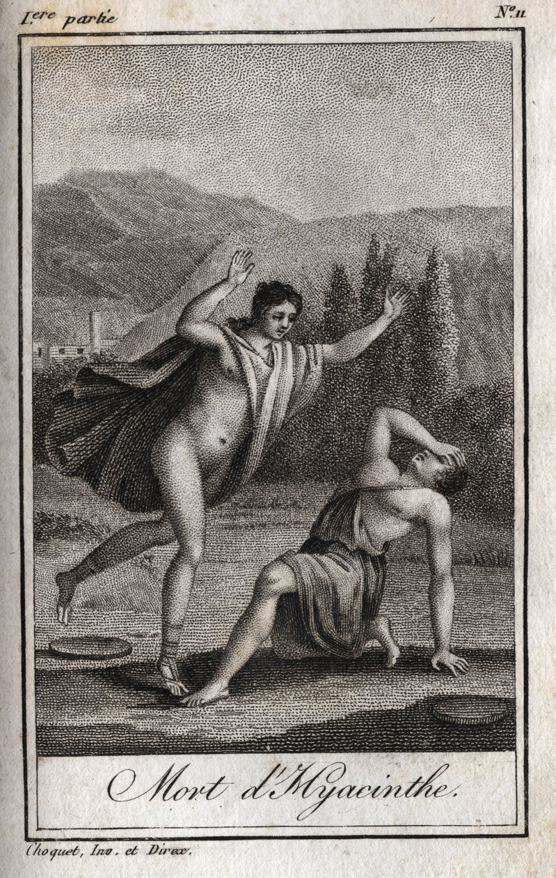 Apollo and Hyacinthos (Death of Hyacinthe) Engraving of 1819 in “Lettres a Emilie sur la mythologie” by Charles Albert Demoustier (1760-1801). Private collection. av Anonymous Anonymous