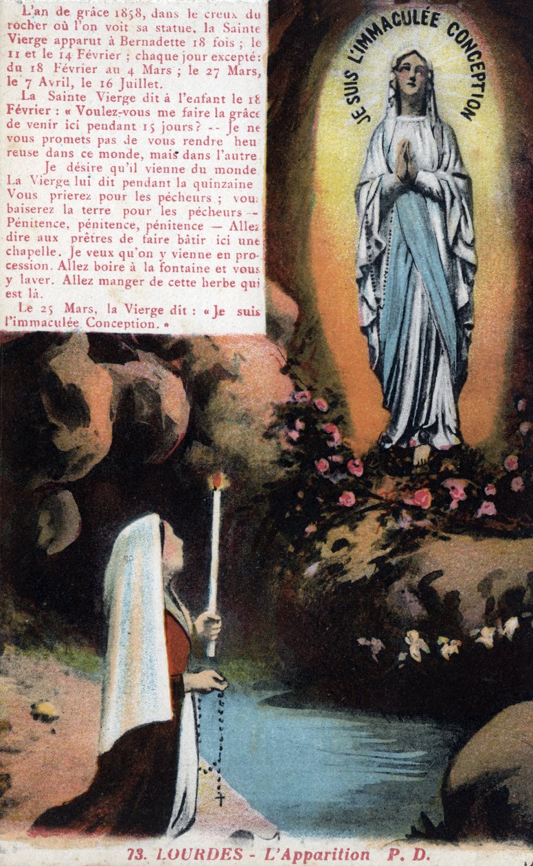 Opptreden av Jomfru Maria Bernadette Soubirous (1844-1879) i hulen Lourdes - Hautes Pyrenees (65) postkort rundt 1900. av Anonymous Anonymous