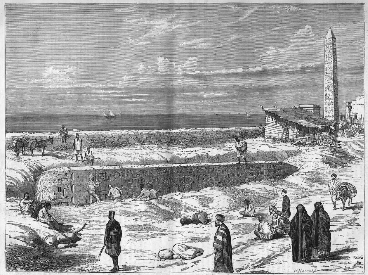 Arkeologer i Egypt: nålene (obeliskene) fra Kleopatra til Alexander. Gravering i "The Illustrious Universe" av Anonymous Anonymous
