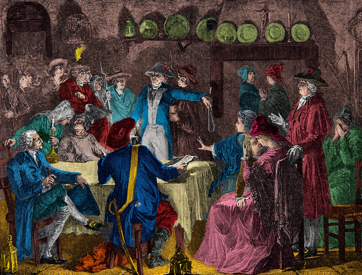Arrestasjon av kong Louis XVI og kongefamilien i Varennes i 1791, gravering, privat samling av Anonymous Anonymous