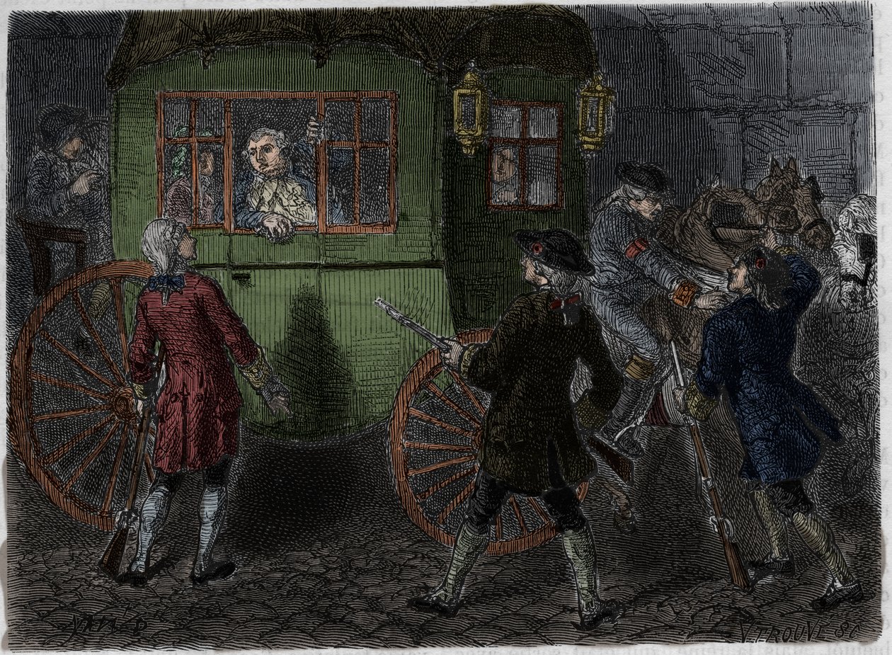 Arrestasjon av Ludvig XVI (1754-1793) og hans flyktende familie i Varennes 21. juni 1791. Gravering fra 1866 i «Histoire de la Revolution francaise»» av Adolphe Thiers. . av Anonymous Anonymous