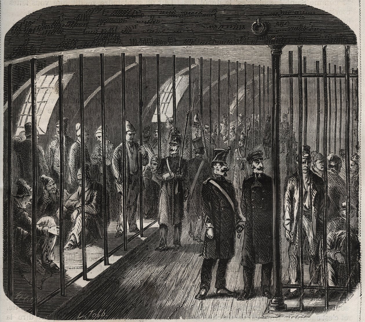 Ankomst av styrkene om bord under konvoien fra Toulon til Cayenne (Guyana) i henhold til dekretet av 8. desember 1851. Inngravering i "Historien om fengslene fra deres opprettelse til i dag" (1877) av Pierre Zaccone (1817- 1895) (Colonia Penale - Penal co av Anonymous Anonymous