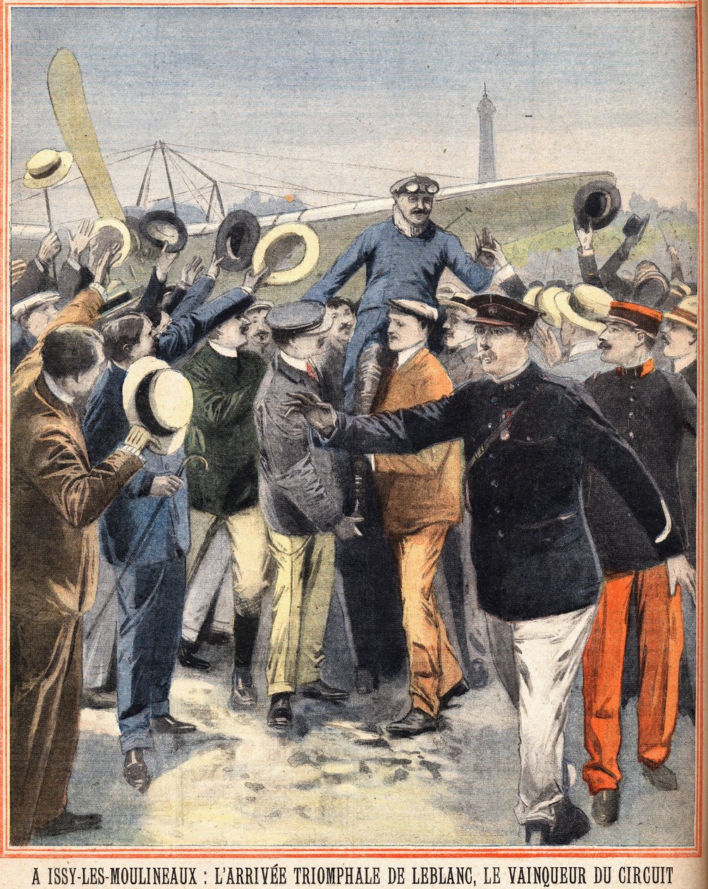 Arrival triumphal by Alfred LeBlanc (1869-1921), French pilot, winner of the air circuit at Issy Les Moulineaux (Issy-Les-Moulineaux). Engraving in "Le petit parisien” on 14/08/1910 av Anonymous Anonymous