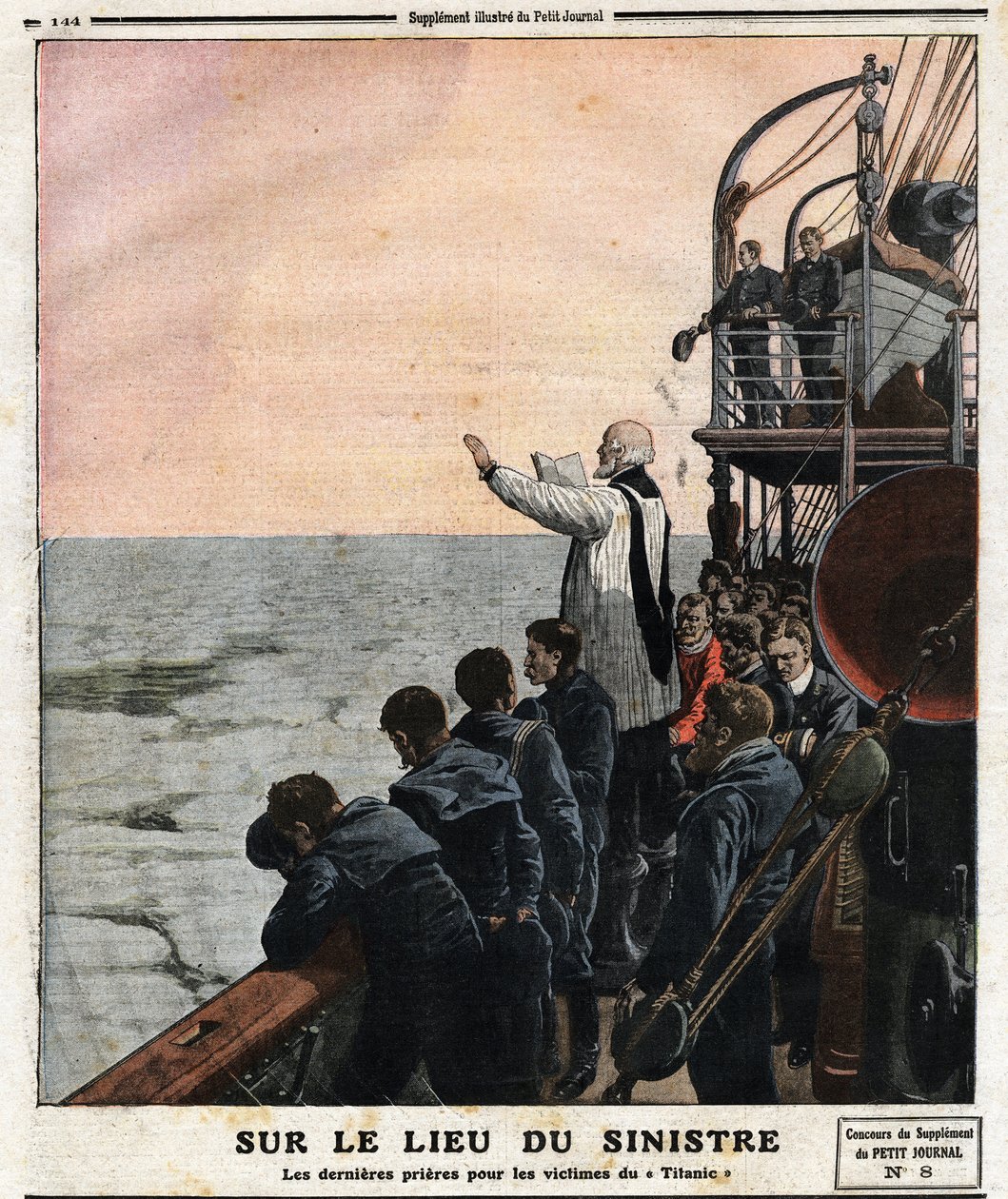 På åstedet for katastrofen, de siste bønnene for ofrene for Titanic. På sin første reise fra Southampton til New York, traff det britiske transatlantiske ruteflyet «The Titanic» et isfjell natt til 14. april av Anonymous Anonymous