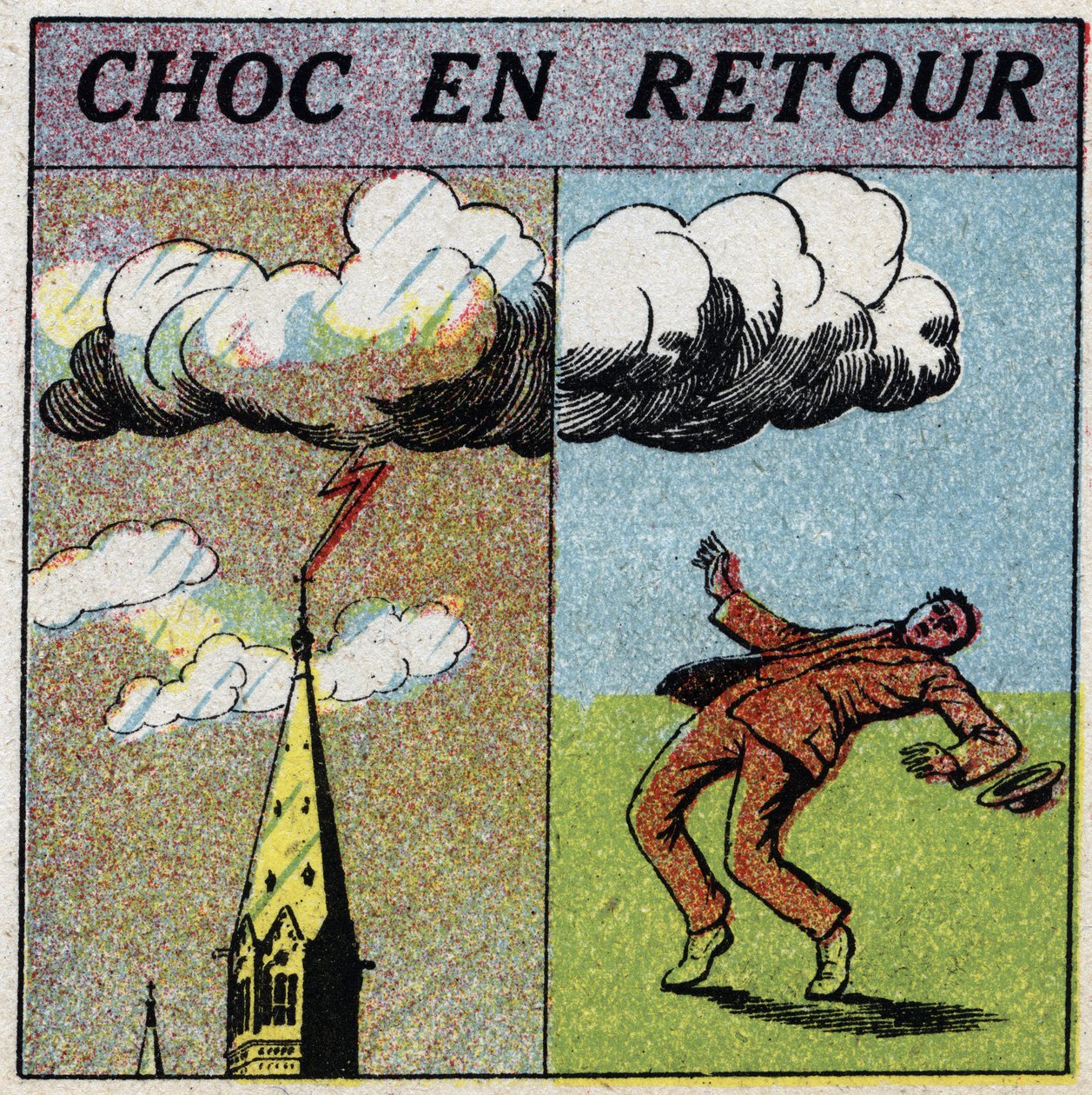 Atmospheric electricite: shock in return. A man is electrocute because he is in the field of influence of a lightning zone. Anonymous illustration from 1925. Private collection. av Anonymous Anonymous