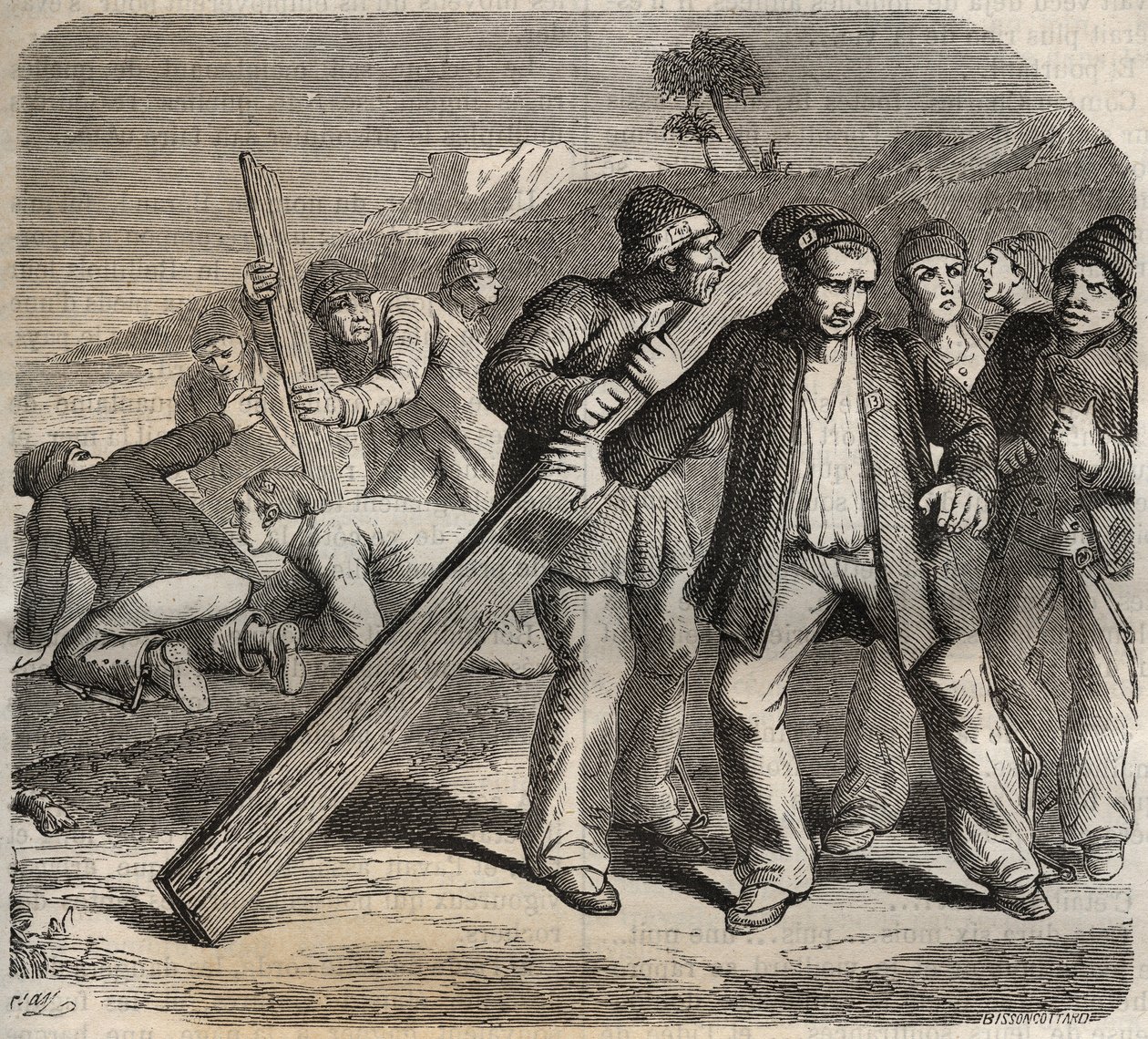 Rømningsforsøk ved fortet Belle-Ile-en-Mer (vakker øy til sjøs) på 1800-tallet. Gravering i «Fangernes historie fra deres skapelse til i dag» (1877) av Pierre Zaccone (1817-1895) (Colonia Penale - Straffekoloni). Privat samling. av Anonymous Anonymous