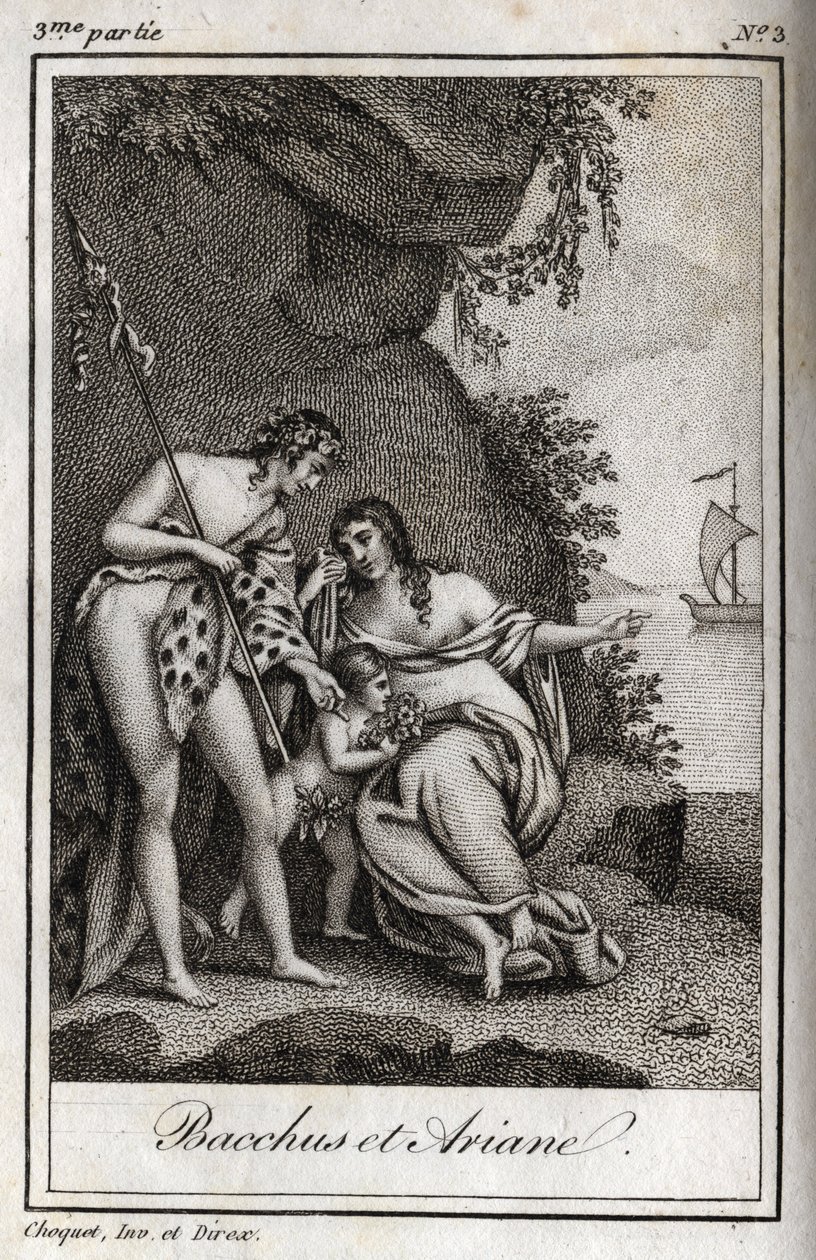 Bacchus et Ariane (Bacchus and Ariadne) Engraving from 1819 in “Lettres a Emilie sur la mythologie” by Charles Albert Demoustier (1760-1801). Private collection. av Anonymous Anonymous