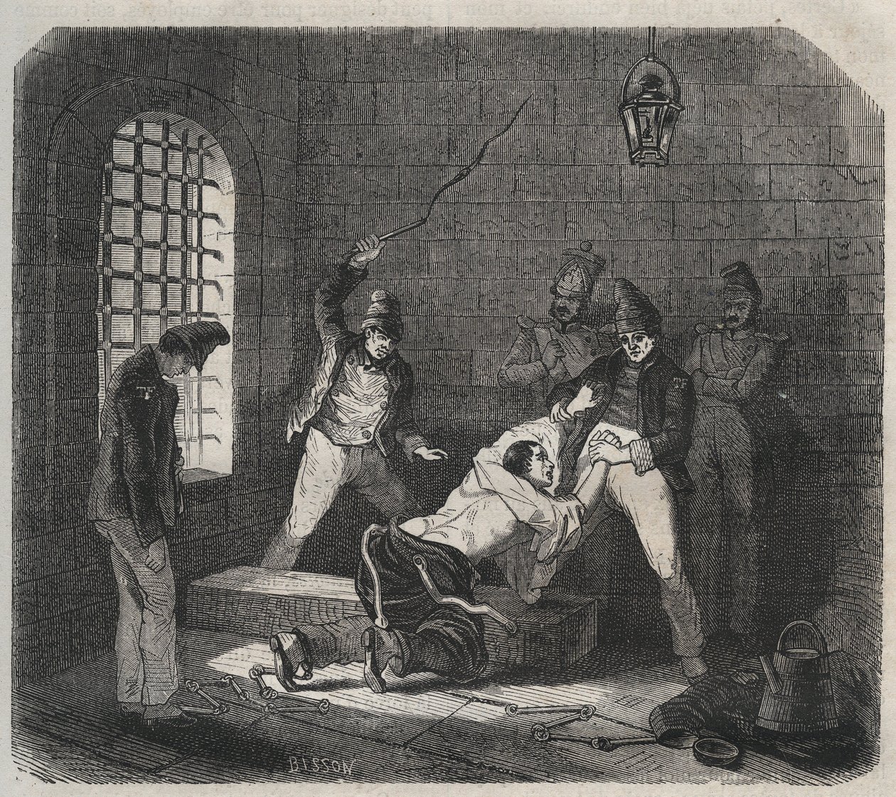 Prison of Brest: caning. Gravering i «Fangernes historie fra deres skapelse til i dag» (1877) av Pierre Zaccone (1817-1895) (Colonia Penale - Straffekoloni). Privat samling. av Anonymous Anonymous
