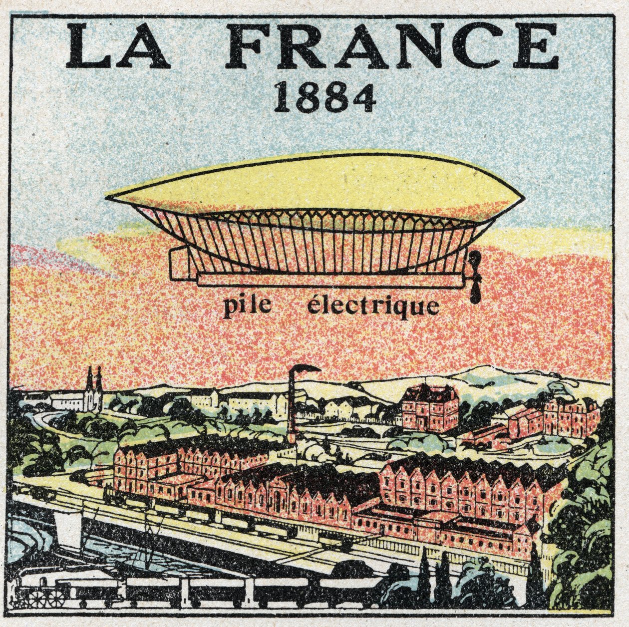 Balloons: the airship “” La France”” in 1884 using the electric battery invented by the French Renard and Krebs. Anonymous illustration from 1925. Private collection. av Anonymous Anonymous