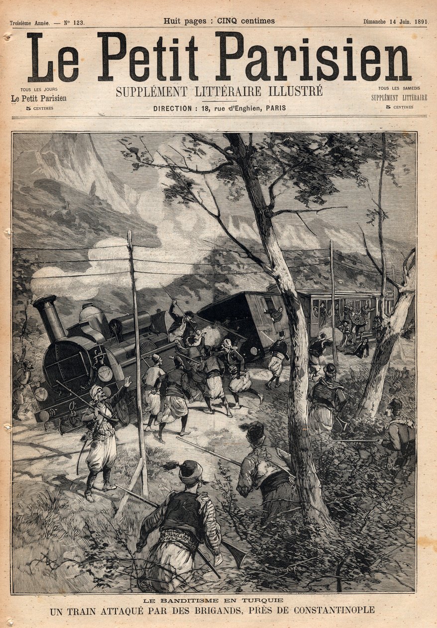 Banditteri i Tyrkia, et tog angrepet av ranere nær Konstantinopel. Gravering i “” Le petit Parisien”” fra 1891. Privat samling. av Anonymous Anonymous
